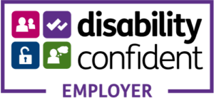 The words Disability Confident Employer in black and purple on a white background. To the left are 4 rectangular icons. A pink one that contains two white figures, a purple one that contains two white ticks, a blue that contains an unlocked padlock and a green one that contains a white figure with a speech bubble.