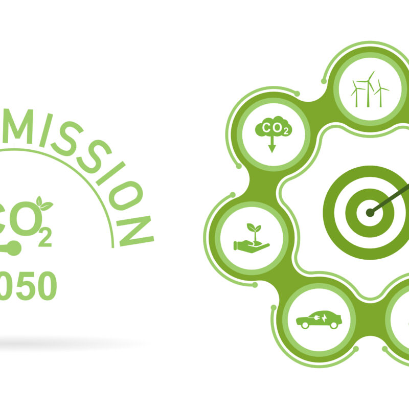A graphic showing an archery target with an arrow in the bullseye. The text to the left reads Zero Emission CO2 2050.
