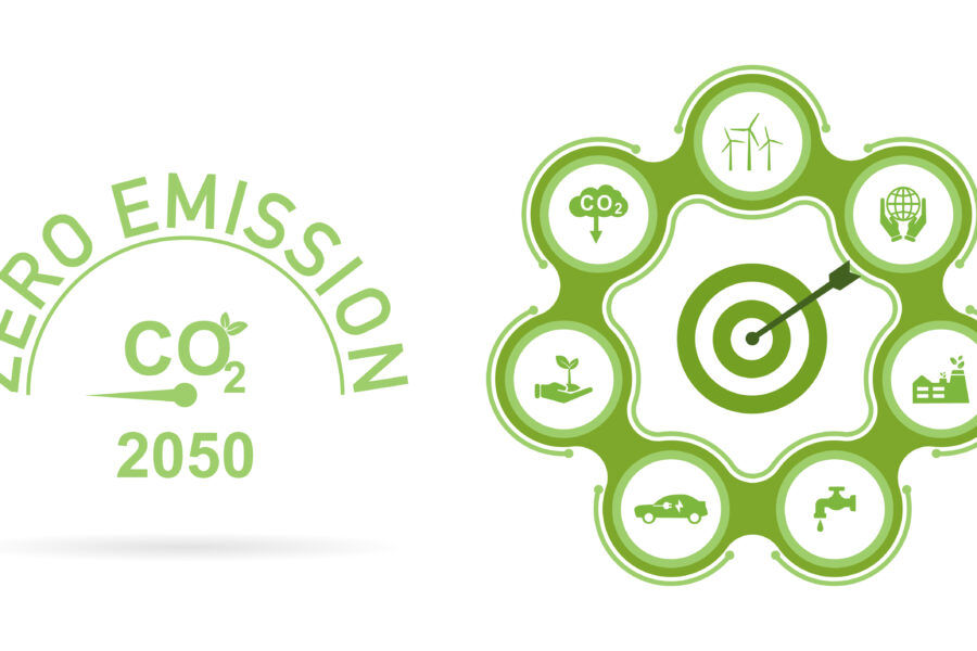 A graphic showing an archery target with an arrow in the bullseye. The text to the left reads Zero Emission CO2 2050.