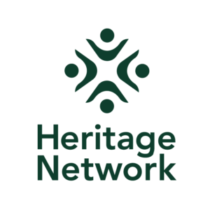 A stacked, green, Heritage Network logo on a white background