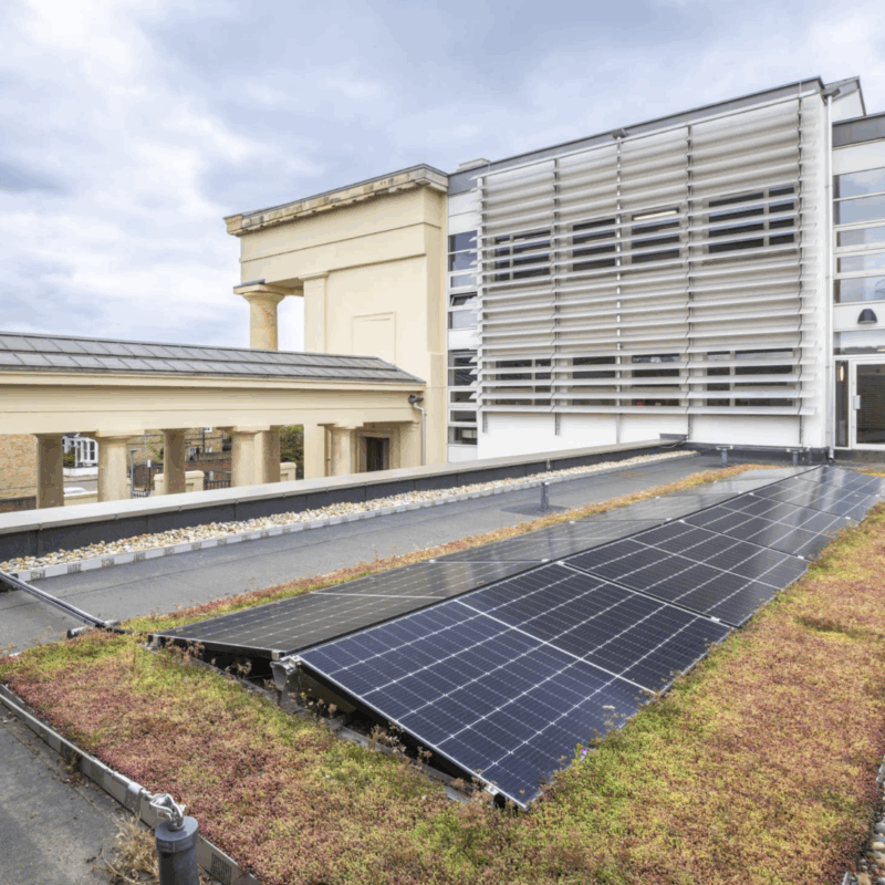 Solar panels on moss green roof of building, with taller section of building behind. In the background a building with cream columns joins the newer building.