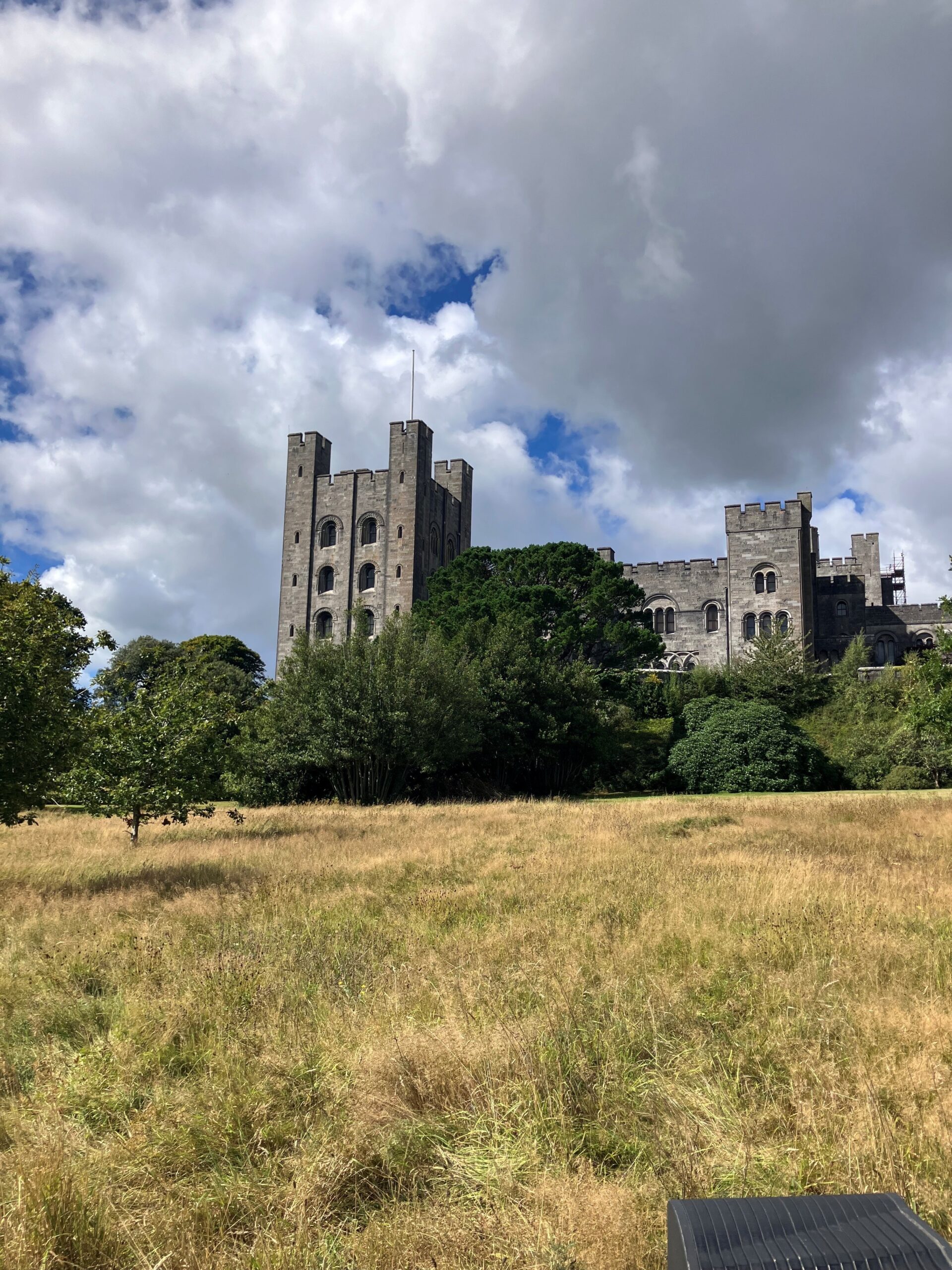 The grey bricked Penrhyn castle stands in a green field. The bottom half of the building is obscured by full green trees.