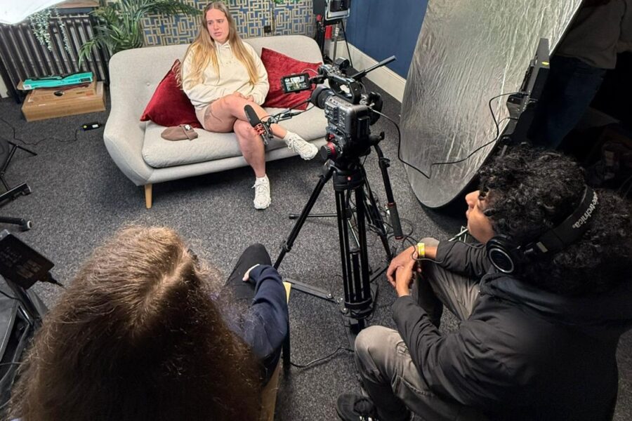 Wentworth Woodhouse’s trainee creative producer Louise Webb is pictured interviewing bricklayer and stonemason Ellie Dobson, from Bradford, for her film Brick By Brick.