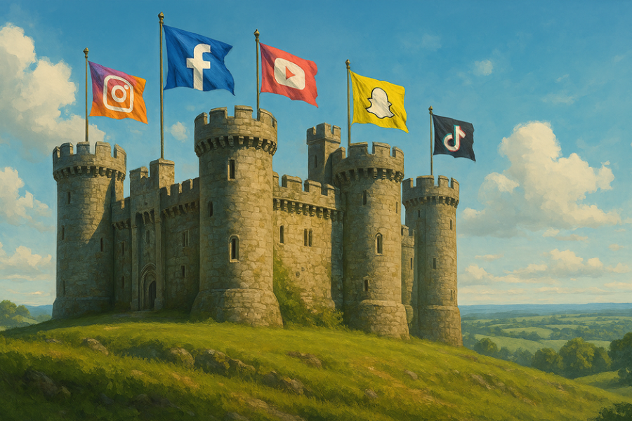 A painting of a castle on a hill with 5 flags flying from turrets. Each separate flag includes the icon of Instagram, Facebook, Youtube, Snapchat and Tiktok