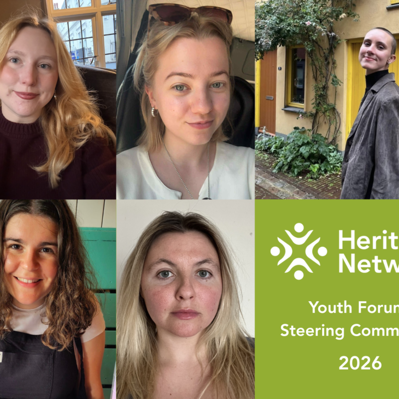 A collaged image of 5 portrait images of the new Steering Committee members, alongside the Heritage Network logo and text that reads 'Youth Forum Steering Committee 2026'