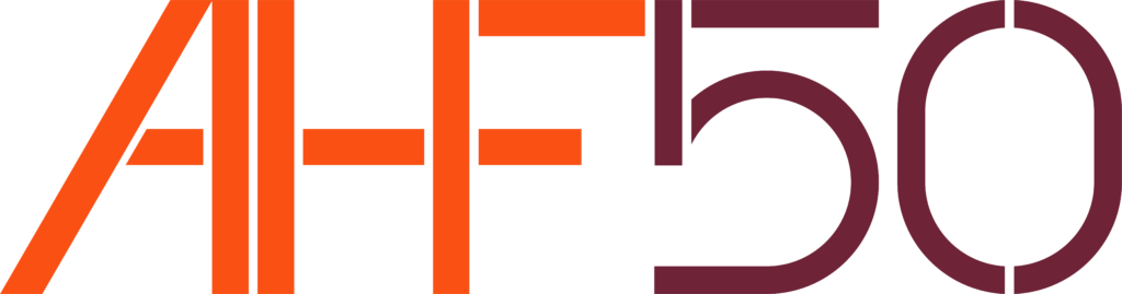 The Architectural Heritage Fund's 50 year anniversary logo, with the letters AHF in action point and oxide stone. This is a bright red for the letters AHF and burgundy colour for 50