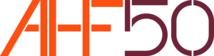 The Architectural Heritage Fund's 50 year anniversary logo, with the letters AHF in action point and oxide stone. This is a bright red for the letters AHF and burgundy colour for 50
