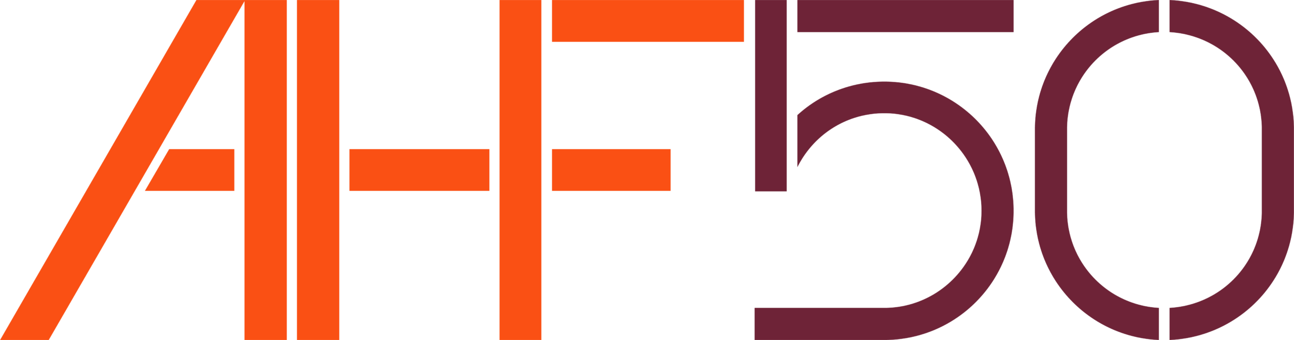 The Architectural Heritage Fund's 50 year anniversary logo, with the letters AHF in action point and oxide stone. This is a bright red for the letters AHF and burgundy colour for 50