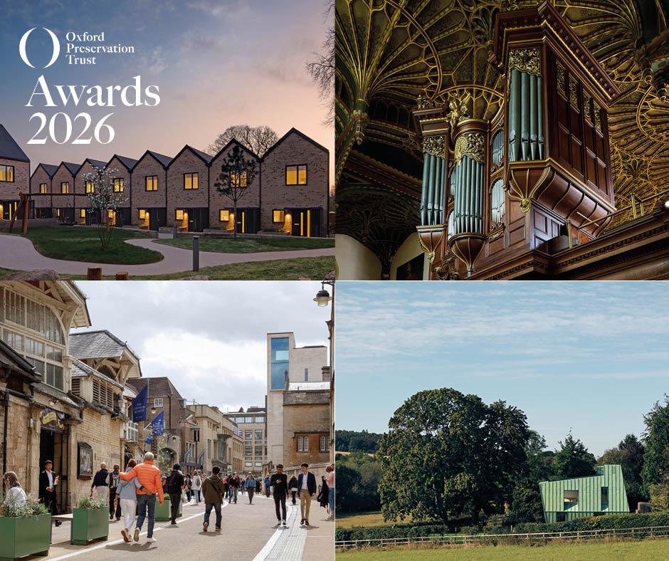 Composite image made up of four different photographs, each depicting a different building type and landscape. The Oxford Preservation Trust Awards logo is in the top left corner of the image.