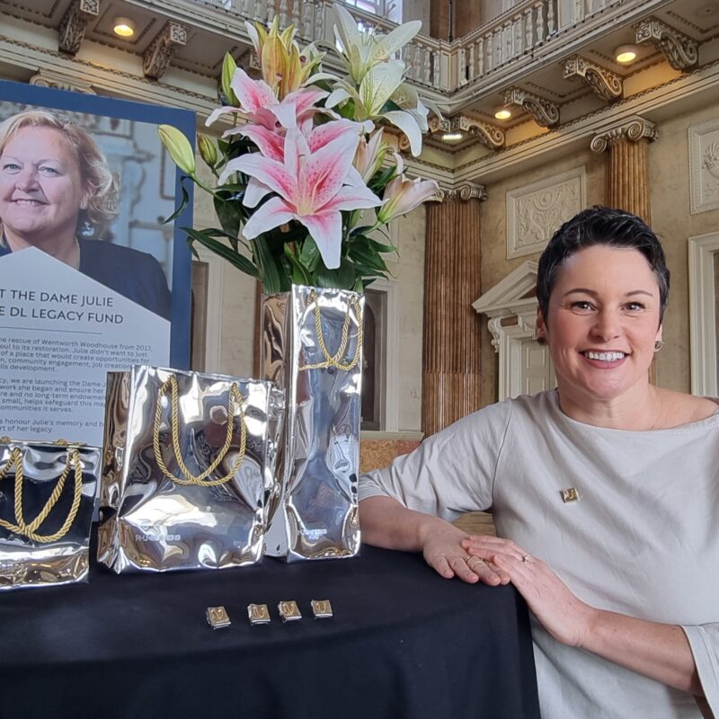 Silversmith Rebecca Joselyn is pictured in Wentworth Woodhouse’s majestic Marble Saloon with the Be More Julie collection.