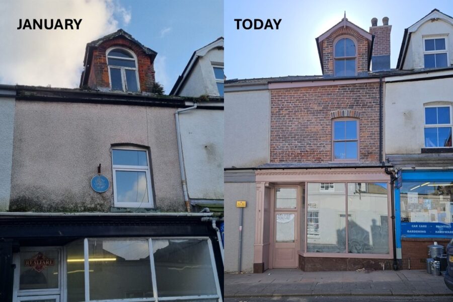 A before and after photograph showing the restoration of the building.