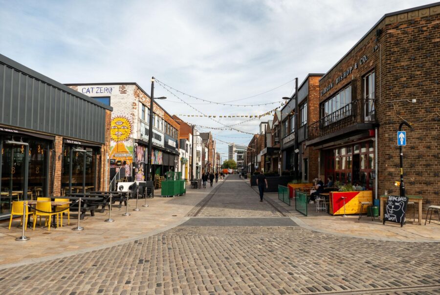 Photograph of Humber Street in Hull, lined with colourful buildings