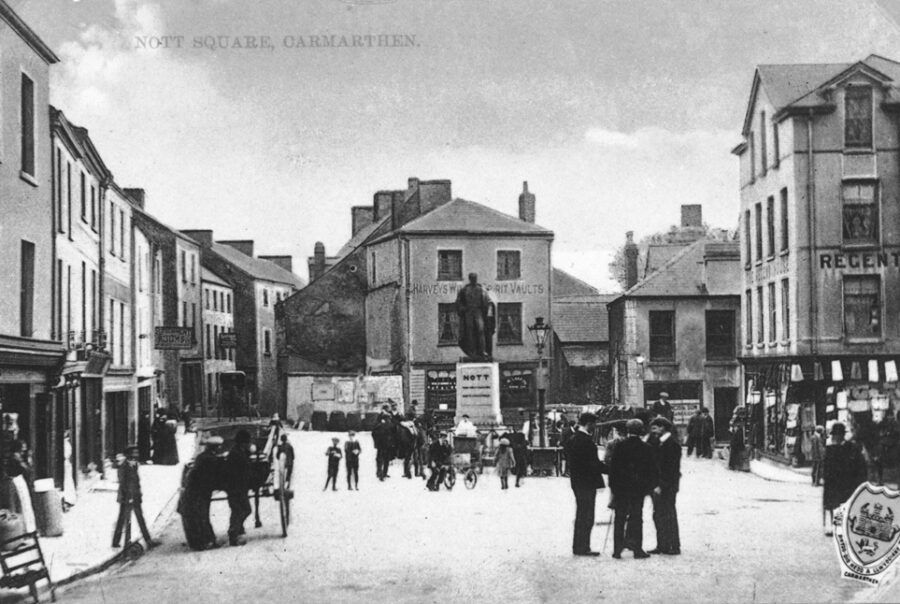 Black and white photograph of Carmarthen town centre