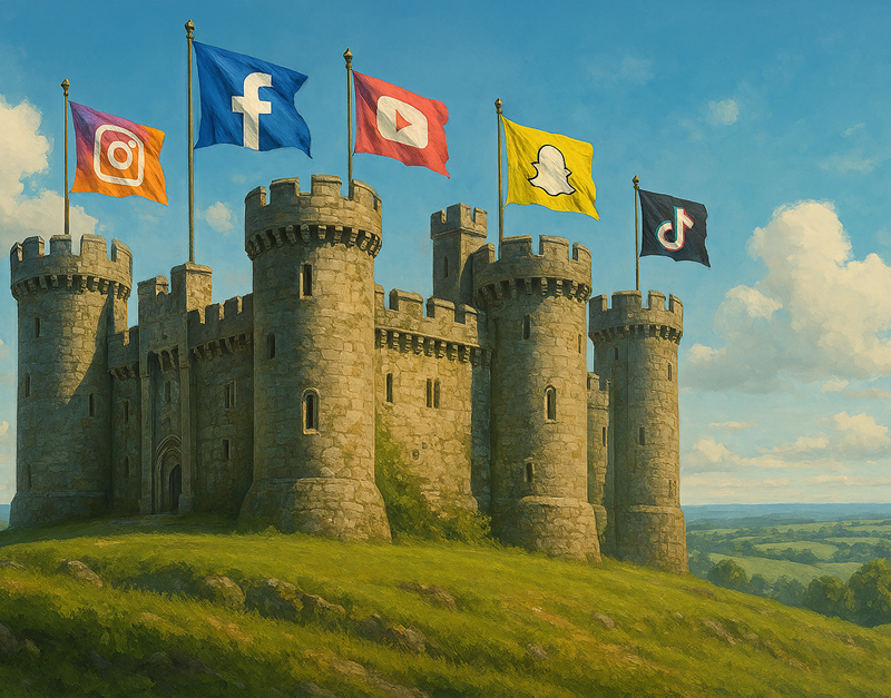 A painting of a castle on a hill with 5 flags flying from turrets. Each separate flag includes the icon of Instagram, Facebook, Youtube, Snapchat and Tiktok