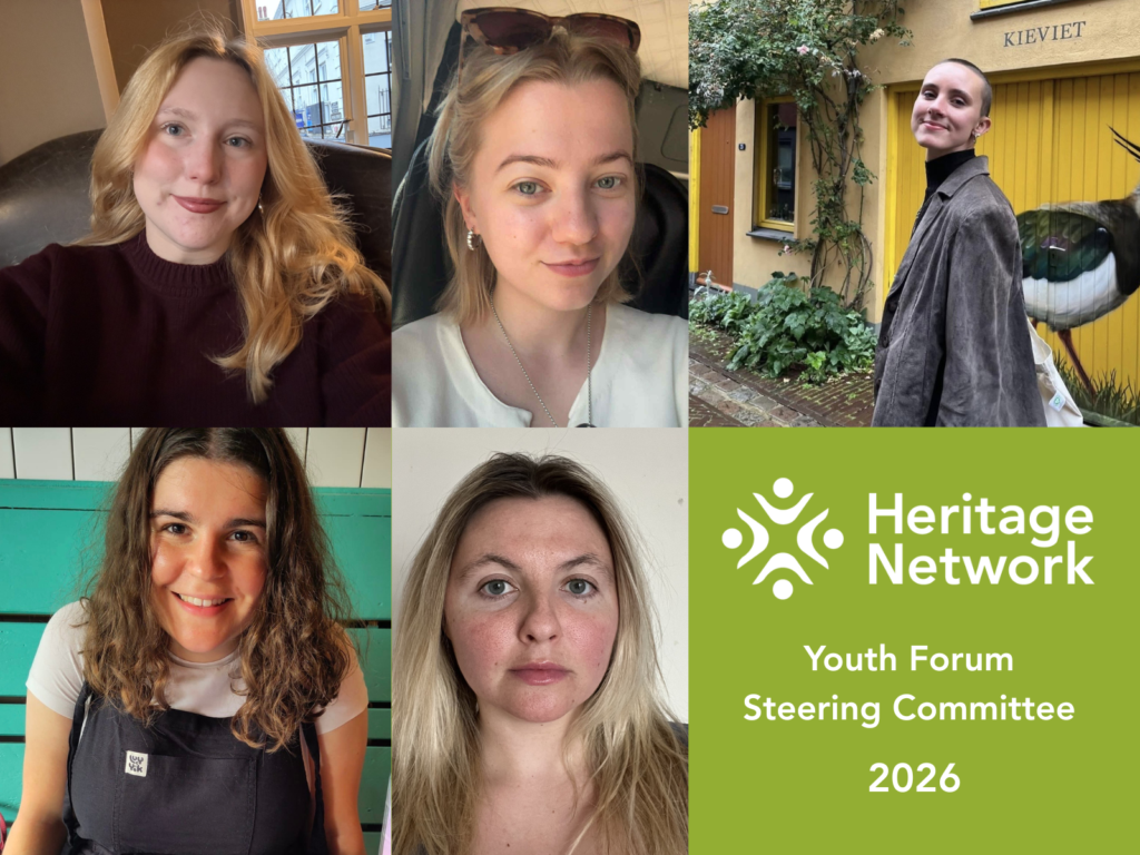 A collaged image of 5 portrait images of the new Steering Committee members, alongside the Heritage Network logo and text that reads 'Youth Forum Steering Committee 2026'