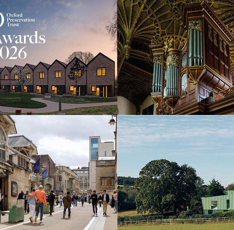 Composite image made up of four different photographs, each depicting a different building type and landscape. The Oxford Preservation Trust Awards logo is in the top left corner of the image.