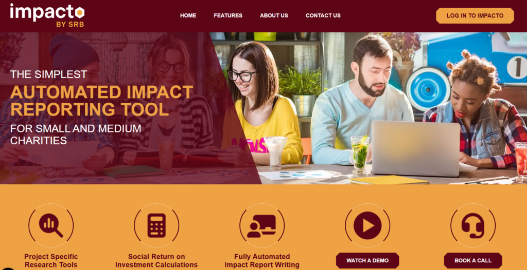 A poster for Impacto which features an image of people working on a laptop and the words automated impact reporting tool.