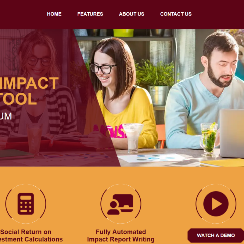 A poster for Impacto which features an image of people working on a laptop and the words automated impact reporting tool.